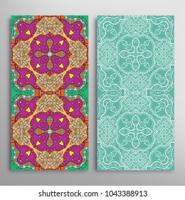 Vertical seamless patterns set, floral geometric lace texture for Wedding, Valentine's day, greeting cards or Birthday Invitations. Decorative seamless backgrounds. Ethnic ornament, border pattern