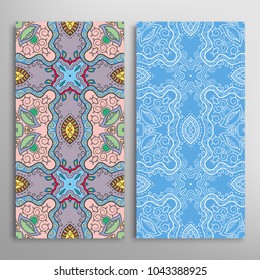 Vertical seamless patterns set, floral geometric lace texture for Wedding, Valentine's day, greeting cards or Birthday Invitations. Decorative seamless backgrounds. Ethnic ornament, border pattern