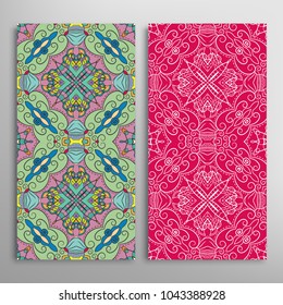 Vertical seamless patterns set, floral geometric lace texture for Wedding, Valentine's day, greeting cards or Birthday Invitations. Decorative seamless backgrounds. Ethnic ornament, border pattern