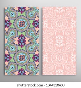 Vertical seamless patterns set, floral geometric lace texture for Wedding, Valentine's day, greeting cards or Birthday Invitations. Decorative seamless backgrounds. Ethnic ornament, border pattern