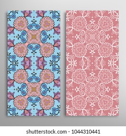 Vertical seamless patterns set, floral geometric lace texture for Wedding, Valentine's day, greeting cards or Birthday Invitations. Decorative seamless backgrounds. Ethnic ornament, border pattern