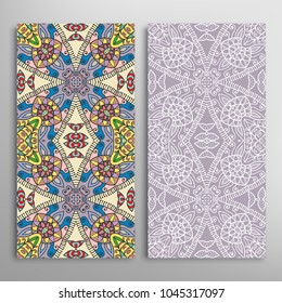 Vertical seamless patterns set, floral geometric lace texture for Wedding, Valentine's day, greeting cards or Birthday Invitations. Decorative seamless backgrounds. Ethnic ornament, border pattern