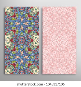 Vertical seamless patterns set, floral geometric lace texture for Wedding, Valentine's day, greeting cards or Birthday Invitations. Decorative seamless backgrounds. Ethnic ornament, border pattern