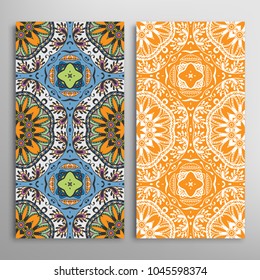 Vertical seamless patterns set, floral geometric lace texture for Wedding, Valentine's day, greeting cards or Birthday Invitations. Decorative seamless backgrounds. Ethnic ornament, border pattern