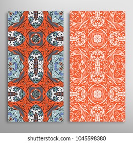 Vertical seamless patterns set, floral geometric lace texture for Wedding, Valentine's day, greeting cards or Birthday Invitations. Decorative seamless backgrounds. Ethnic ornament, border pattern