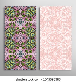 Vertical seamless patterns set, floral geometric lace texture for Wedding, Valentine's day, greeting cards or Birthday Invitations. Decorative seamless backgrounds. Ethnic ornament, border pattern