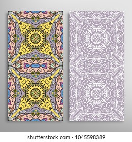 Vertical seamless patterns set, floral geometric lace texture for Wedding, Valentine's day, greeting cards or Birthday Invitations. Decorative seamless backgrounds. Ethnic ornament, border pattern