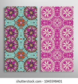 Vertical seamless patterns set, floral geometric lace texture for Wedding, Valentine's day, greeting cards or Birthday Invitations. Decorative seamless backgrounds. Ethnic ornament, border pattern
