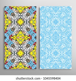 Vertical seamless patterns set, floral geometric lace texture for Wedding, Valentine's day, greeting cards or Birthday Invitations. Decorative seamless backgrounds. Ethnic ornament, border pattern