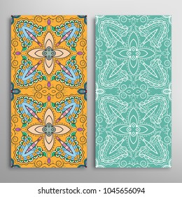 Vertical seamless patterns set, floral geometric lace texture for Wedding, Valentine's day, greeting cards or Birthday Invitations. Decorative seamless backgrounds. Ethnic ornament, border pattern