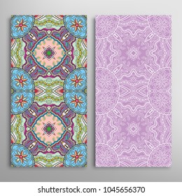 Vertical seamless patterns set, floral geometric lace texture for Wedding, Valentine's day, greeting cards or Birthday Invitations. Decorative seamless backgrounds. Ethnic ornament, border pattern
