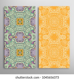 Vertical seamless patterns set, floral geometric lace texture for Wedding, Valentine's day, greeting cards or Birthday Invitations. Decorative seamless backgrounds. Ethnic ornament, border pattern