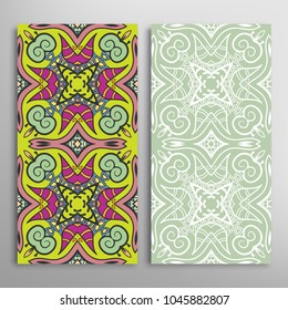 Vertical seamless patterns set, floral geometric lace texture for Wedding, Valentine's day, greeting cards or Birthday Invitations. Decorative seamless backgrounds. Ethnic ornament, border pattern