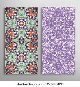 Vertical seamless patterns set, floral geometric lace texture for Wedding, Valentine's day, greeting cards or Birthday Invitations. Decorative seamless backgrounds. Ethnic ornament, border pattern