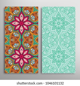 Vertical seamless patterns set, floral geometric lace texture for Wedding, Valentine's day, greeting cards or Birthday Invitations. Decorative seamless backgrounds. Ethnic ornament, border pattern