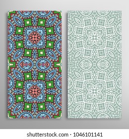 Vertical seamless patterns set, floral geometric lace texture for Wedding, Valentine's day, greeting cards or Birthday Invitations. Decorative seamless backgrounds. Ethnic ornament, border pattern