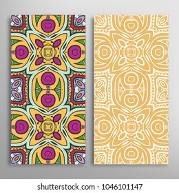 Vertical seamless patterns set, floral geometric lace texture for Wedding, Valentine's day, greeting cards or Birthday Invitations. Decorative seamless backgrounds. Ethnic ornament, border pattern