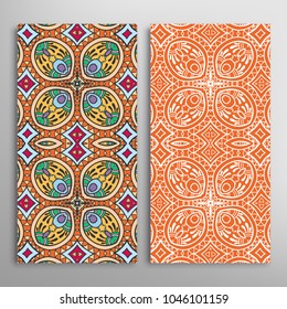 Vertical seamless patterns set, floral geometric lace texture for Wedding, Valentine's day, greeting cards or Birthday Invitations. Decorative seamless backgrounds. Ethnic ornament, border pattern