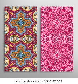 Vertical seamless patterns set, floral geometric lace texture for Wedding, Valentine's day, greeting cards or Birthday Invitations. Decorative seamless backgrounds. Ethnic ornament, border pattern