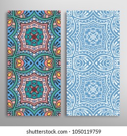 Vertical seamless patterns set, floral geometric lace texture for Wedding, Valentine's day, greeting cards or Birthday Invitations. Decorative seamless backgrounds. Ethnic ornament, border pattern