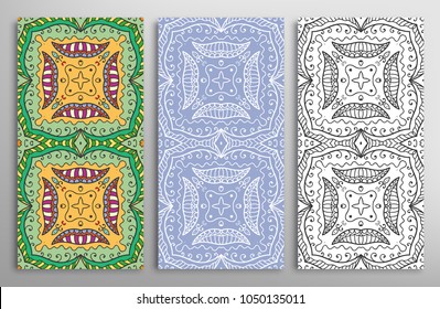 Vertical seamless patterns set, floral geometric doodle texture for Wedding, Valentine's day, greeting card, Birthday Invitation. Hand drawn decorative seamless ornamental backgrounds, lace border