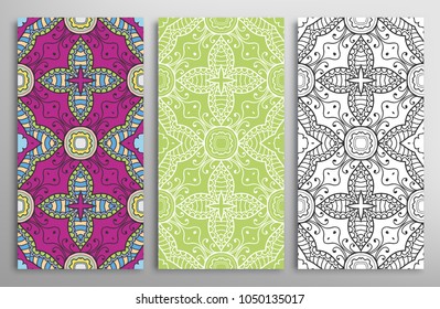 Vertical seamless patterns set, floral geometric doodle texture for Wedding, Valentine's day, greeting card, Birthday Invitation. Hand drawn decorative seamless ornamental backgrounds, lace border