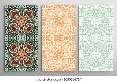 Vertical seamless patterns set, floral geometric doodle texture for Wedding, Valentine's day, greeting card, Birthday Invitation. Hand drawn decorative seamless ornamental backgrounds, lace border