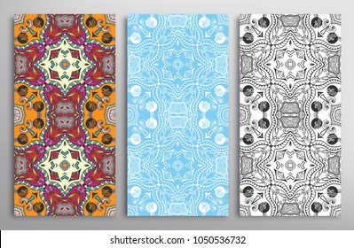Vertical seamless patterns set, floral geometric doodle texture for Wedding, Valentine's day, greeting card, Birthday Invitation. Hand drawn decorative seamless ornamental backgrounds, lace border