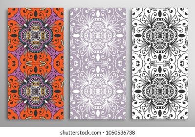 Vertical seamless patterns set, floral geometric doodle texture for Wedding, Valentine's day, greeting card, Birthday Invitation. Hand drawn decorative seamless ornamental backgrounds, lace border
