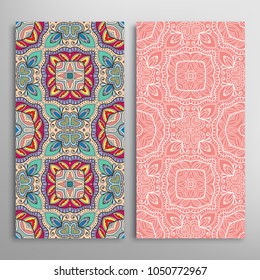 Vertical seamless patterns set, floral geometric lace texture for Wedding, Valentine's day, greeting cards or Birthday Invitations. Decorative seamless backgrounds. Ethnic ornament, border pattern