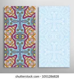 Vertical seamless patterns set, floral geometric lace texture for Wedding, Valentine's day, greeting cards or Birthday Invitations. Decorative seamless backgrounds. Ethnic ornament, border pattern
