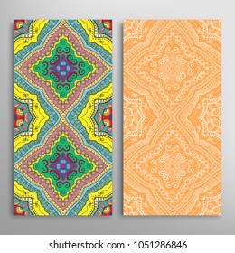 Vertical seamless patterns set, floral geometric lace texture for Wedding, Valentine's day, greeting cards or Birthday Invitations. Decorative seamless backgrounds. Ethnic ornament, border pattern