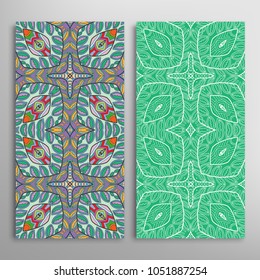 Vertical seamless patterns set, floral geometric lace texture for Wedding, Valentine's day, greeting cards or Birthday Invitations. Decorative seamless backgrounds. Ethnic ornament, border pattern