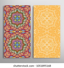 Vertical seamless patterns set, floral geometric lace texture for Wedding, Valentine's day, greeting cards or Birthday Invitations. Decorative seamless backgrounds. Ethnic ornament, border pattern