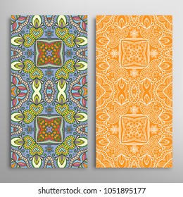 Vertical seamless patterns set, floral geometric lace texture for Wedding, Valentine's day, greeting cards or Birthday Invitations. Decorative seamless backgrounds. Ethnic ornament, border pattern