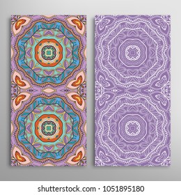 Vertical seamless patterns set, floral geometric lace texture for Wedding, Valentine's day, greeting cards or Birthday Invitations. Decorative seamless backgrounds. Ethnic ornament, border pattern