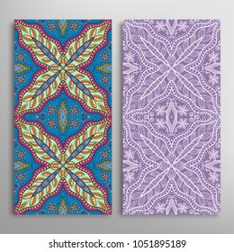 Vertical seamless patterns set, floral geometric lace texture for Wedding, Valentine's day, greeting cards or Birthday Invitations. Decorative seamless backgrounds. Ethnic ornament, border pattern