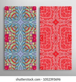 Vertical seamless patterns set, floral geometric lace texture for Wedding, Valentine's day, greeting cards or Birthday Invitations. Decorative seamless backgrounds. Ethnic ornament, border pattern
