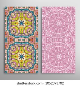Vertical seamless patterns set, floral geometric lace texture for Wedding, Valentine's day, greeting cards or Birthday Invitations. Decorative seamless backgrounds. Ethnic ornament, border pattern