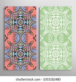 Vertical seamless patterns set, floral geometric lace texture for Wedding, Valentine's day, greeting cards or Birthday Invitations. Decorative seamless backgrounds. Ethnic ornament, border pattern