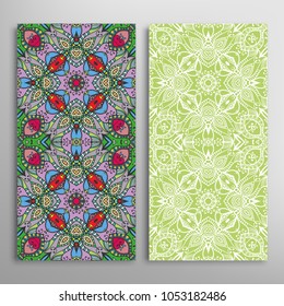 Vertical seamless patterns set, floral geometric lace texture for Wedding, Valentine's day, greeting cards or Birthday Invitations. Decorative seamless backgrounds. Ethnic ornament, border pattern