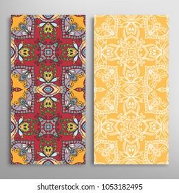 Vertical seamless patterns set, floral geometric lace texture for Wedding, Valentine's day, greeting cards or Birthday Invitations. Decorative seamless backgrounds. Ethnic ornament, border pattern