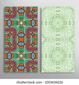Vertical seamless patterns set, floral geometric lace texture for Wedding, Valentine's day, greeting cards or Birthday Invitations. Decorative seamless backgrounds. Ethnic ornament, border pattern