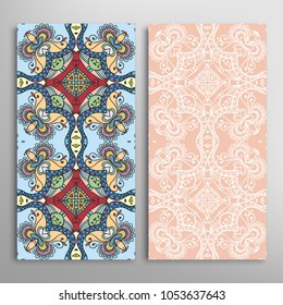 Vertical seamless patterns set, floral geometric lace texture for Wedding, Valentine's day, greeting cards or Birthday Invitations. Decorative seamless backgrounds. Ethnic ornament, border pattern