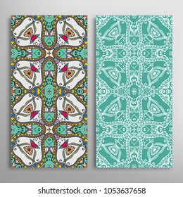 Vertical seamless patterns set, floral geometric lace texture for Wedding, Valentine's day, greeting cards or Birthday Invitations. Decorative seamless backgrounds. Ethnic ornament, border pattern