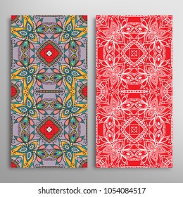 Vertical seamless patterns set, floral geometric lace texture for Wedding, Valentine's day, greeting cards or Birthday Invitations. Decorative seamless backgrounds. Ethnic ornament, border pattern