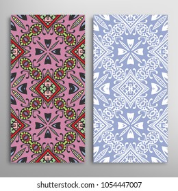 Vertical seamless patterns set, floral geometric lace texture for Wedding, Valentine's day, greeting cards or Birthday Invitations. Decorative seamless backgrounds. Ethnic ornament, border pattern