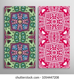 Vertical seamless patterns set, floral geometric lace texture for Wedding, Valentine's day, greeting cards or Birthday Invitations. Decorative seamless backgrounds. Ethnic ornament, border pattern