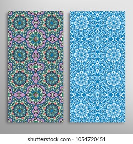 Vertical seamless patterns set, floral geometric lace texture for Wedding, Valentine's day, greeting cards or Birthday Invitations. Decorative seamless backgrounds. Ethnic ornament, border pattern