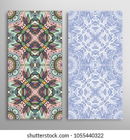 Vertical seamless patterns set, floral geometric lace texture for Wedding, Valentine's day, greeting cards or Birthday Invitations. Decorative seamless backgrounds. Ethnic ornament, border pattern